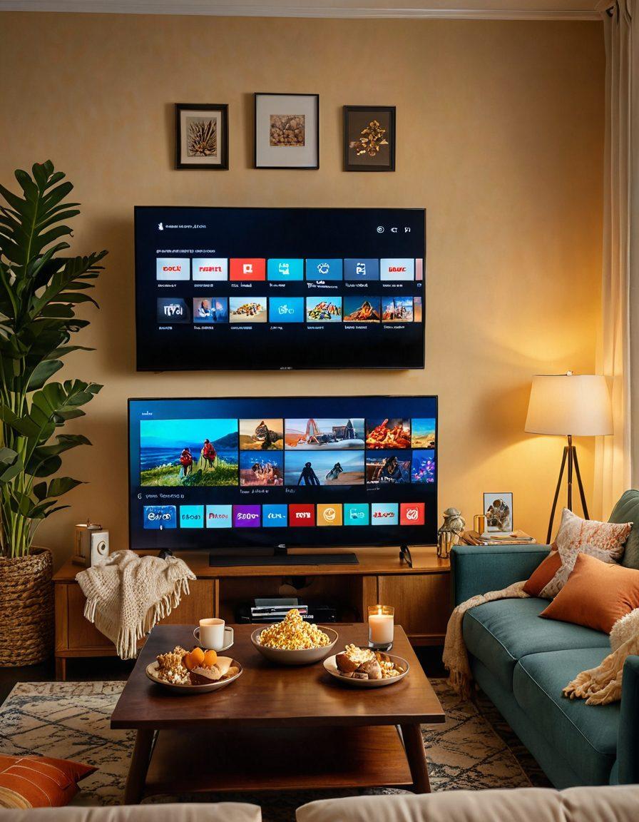 A cozy living room scene featuring a comfortable sofa with fluffy pillows, a large TV screen displaying popular streaming series, popcorn and snacks on a coffee table, soft ambient lighting creating a relaxed atmosphere, and a person blissfully enjoying their binge-watching experience. warm colors. digital painting. cozy aesthetic.