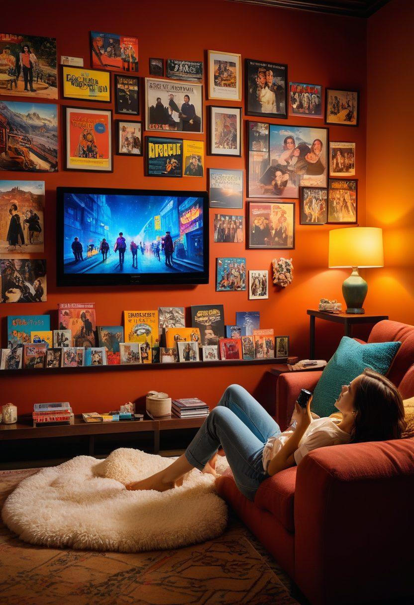 A cozy home setting featuring a person lounging on a comfortable couch, engrossed in watching a vibrant movie streaming on a large screen. Surrounding them are scattered popcorn, a laptop displaying various film thumbnails, and colorful posters of classic films on the wall. The room is softly lit, creating an inviting atmosphere for movie nights. super-realistic. vibrant colors. warm lighting.