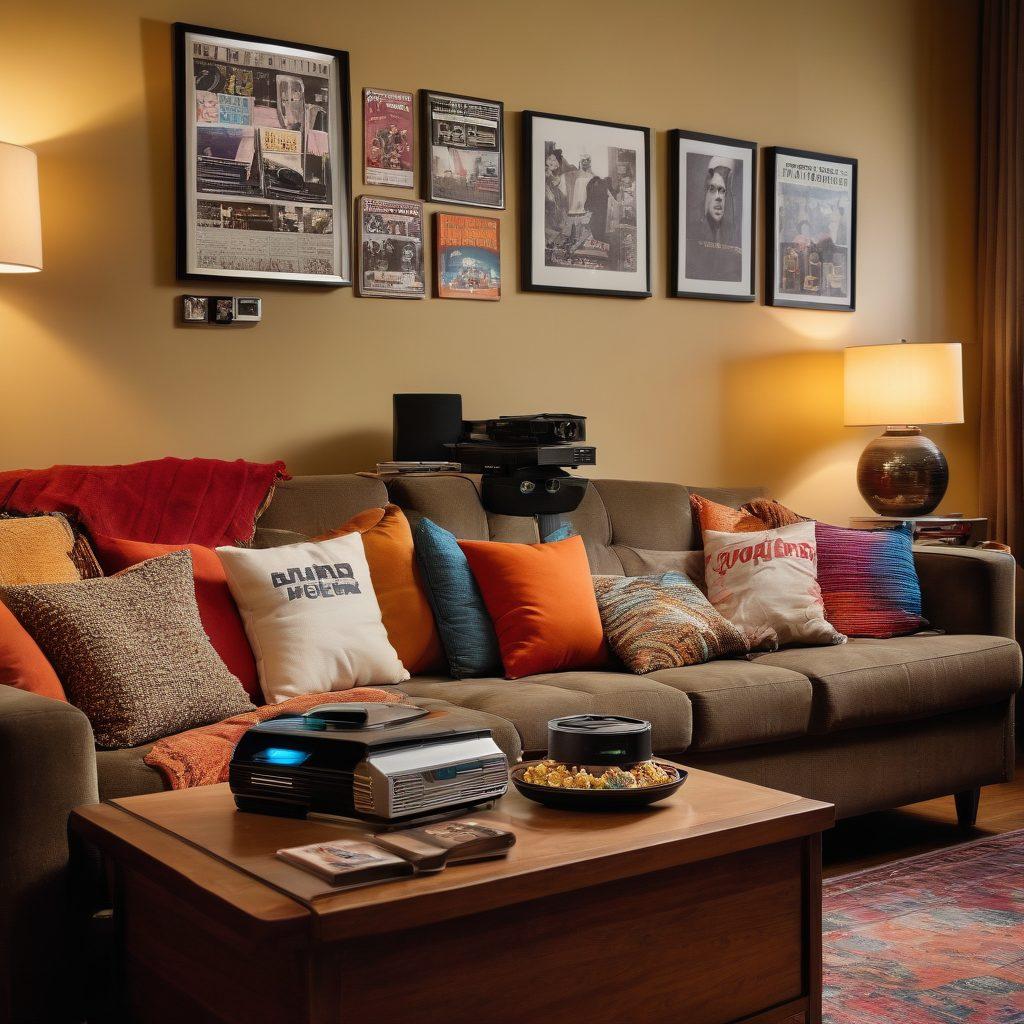 A cozy living room scene with a vintage projector casting a classic movie reel on a wall, soft lighting creating a warm ambiance. A comfortable couch with popcorn bowls and movie posters in the background, depicting various genres from classic cinema to modern flicks. Include coffee tables with streaming devices and a stack of film-related books. The atmosphere should evoke nostalgia and excitement for film lovers. super-realistic. warm colors. cozy ambiance.